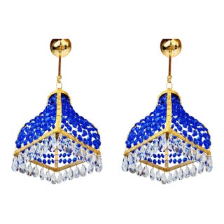 Pair Match 1960s Turkish Mosque Chandelier – Blue Crystal Brass Mid-Century Lighting For Sale