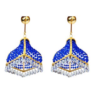 Pair Match 1960s Turkish Mosque Chandelier – Blue Crystal Brass Mid-Century Lighting