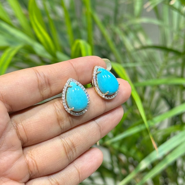 8.88ct Sleeping Beauty Turquoise Solitaire Halo Diamond 14k Gold Earrings- A Pair For Sale In New York - Image 6 of 15