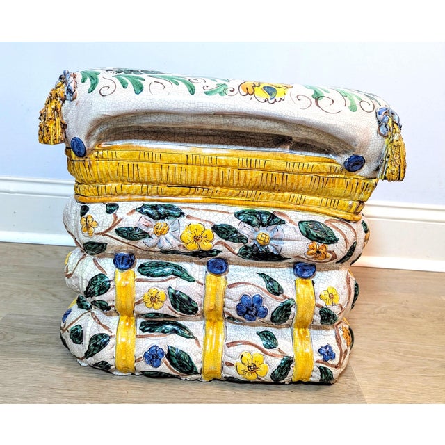 1970s Italian Majolica Stacked Pillows Garden Stool or Ottoman - Trompe l'Oeil Style For Sale - Image 12 of 16
