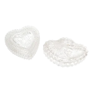 Set 2 Cut & Beveled Glass Heart Shaped Candy Dish Jewelry Trinket Keepsake Box