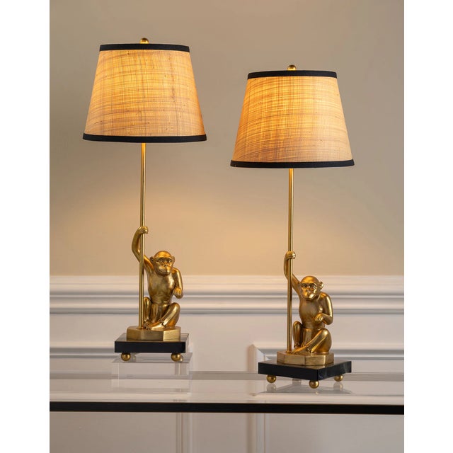 English Jamaica Monkey Accent Lamp with Raffia Shade, Set of 2 For Sale - Image 3 of 7