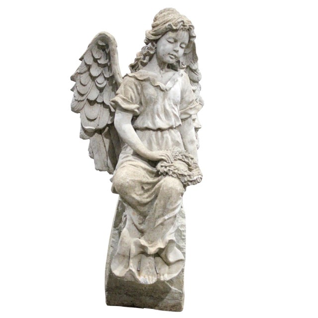 Transitional 2 Sitting Angels With Wreath Garden Figurines, Mid-20th Century For Sale - Image 3 of 4