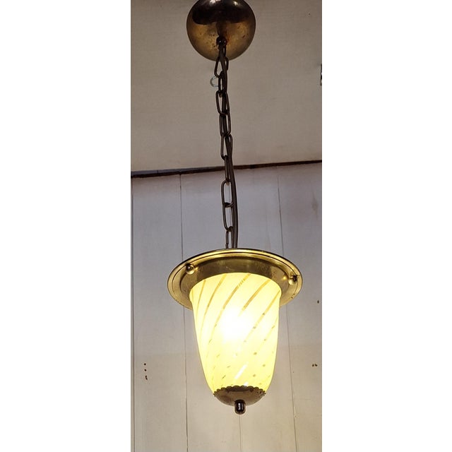 Mid-Century Modern Mid-Century German Ceiling Lamp with Brass Frame, Light Amber-Tinted Glass Shade and Spiral Decoration, 1950s For Sale - Image 3 of 7