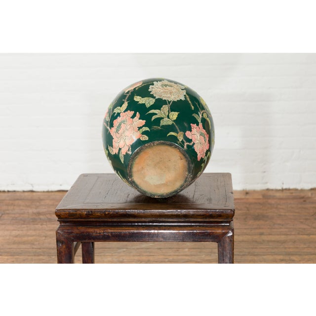 Ceramic Vintage Chinese Handcrafted Green Vase with Incised Floral and Butterfly Decor For Sale - Image 7 of 11