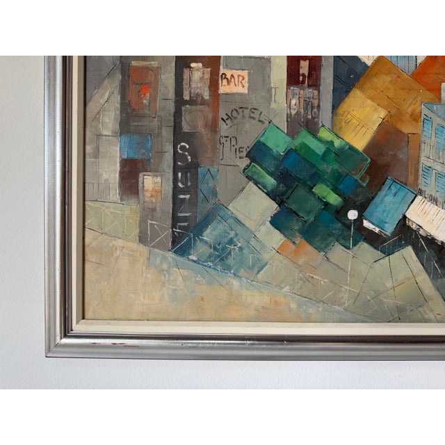 Wood 1970’s Mid-Century Impressionist Geometric Abstract Cityscape Oil on Canvas Painting, Framed For Sale - Image 7 of 12
