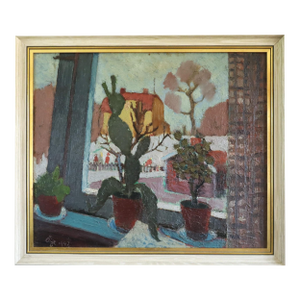 1947 Mid-Century Modern 'Cacti by the Window' Vintage Swedish Expressive Still Life Oil Painting, Framed