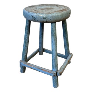 Antique Primitive Farmhouse Blue Wood Round Barn Milking Stool For Sale