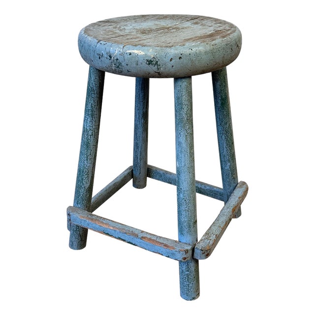 Antique Primitive Farmhouse Blue Wood Round Barn Milking Stool For Sale