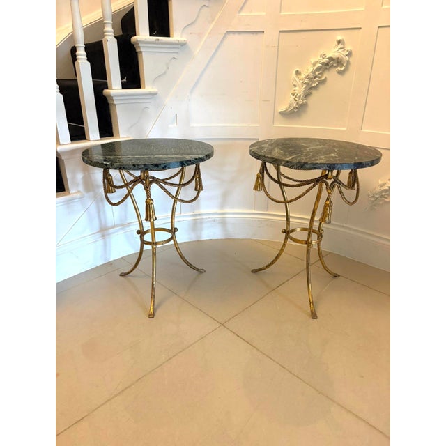 Antique Italian Gilt Metal and Verde Marble Tassel Side Tables, 1920, Set of 2 For Sale - Image 3 of 14