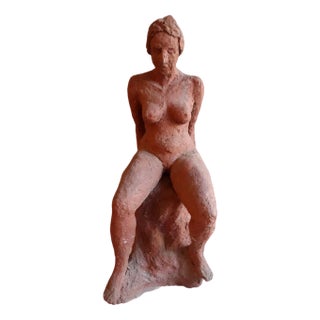 Vintage Seated Female Nude Sculpture in Red-Brown Terracotta, 1992 For Sale