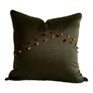 Hand-French Knots Moss Green Silk Satin Pillow ( Down/ Feather Insert Included ) For Sale