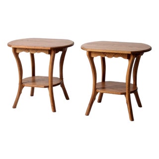 Vintage Oak Side Tables With Carved Wheat Sheaf Apron Pair For Sale