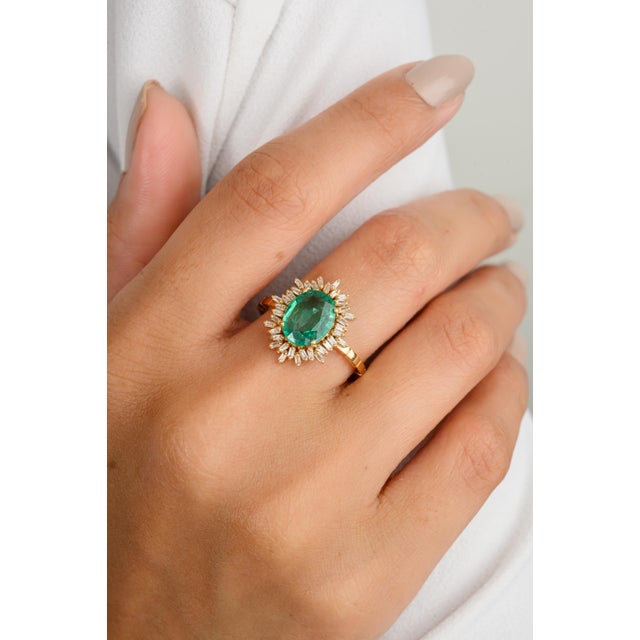 Boho Chic Bohemian Chic Emerald Baguette Cut Diamond Cocktail Ring Size 6.5 For Sale - Image 3 of 11
