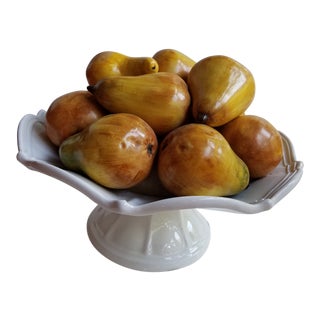 Vietri Italy Hand Painted Pears in a White Fluted Compote Centerpiece For Sale