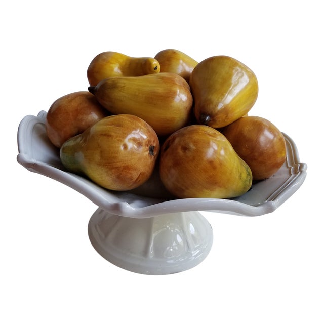 Vietri Italy Hand Painted Pears in a White Fluted Compote Centerpiece For Sale