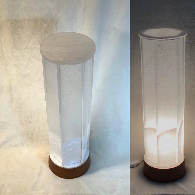 1970s Mid Century Modern Accent Floor/Table Lamp Teak Base Pearl Frosted Acrylic Shade For Sale - Image 11 of 12