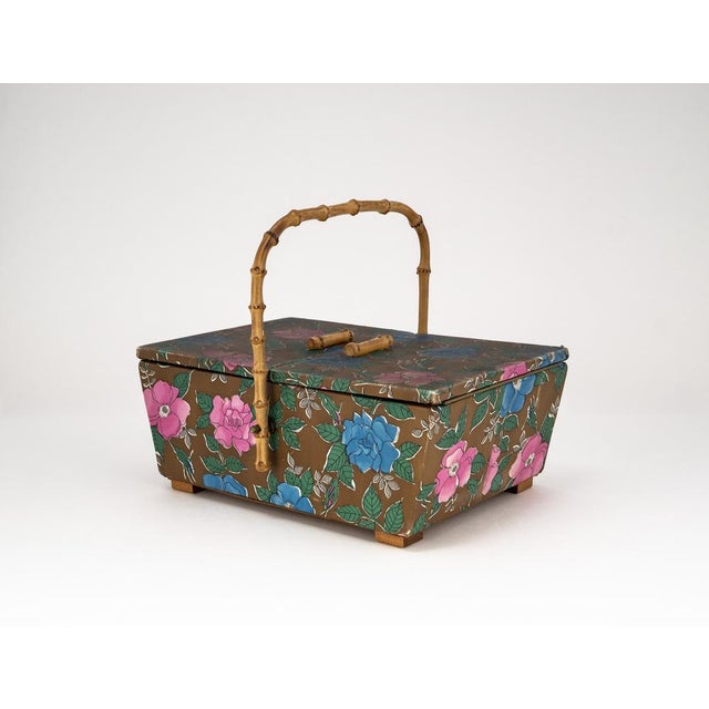 Mid-Century Sewing Basket with Bamboo Handle & Floral Decor, 1970s For Sale - Image 4 of 18