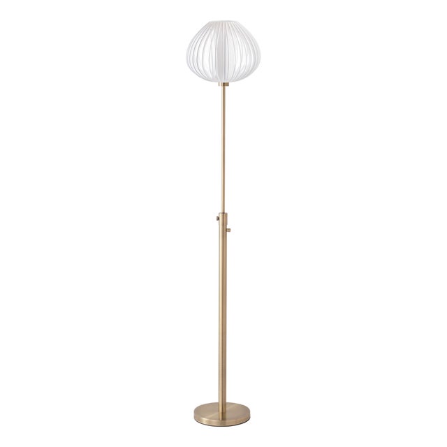 Bloom Torchiere Floor Lamp 72" H - Weathered Brass, White Satin Shade, Dimmable, Bulb Included For Sale