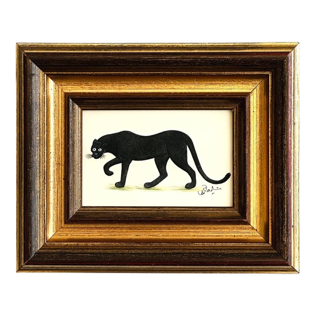 Original Hand-Painted Black Panther Painting in a Vintage Frame For Sale