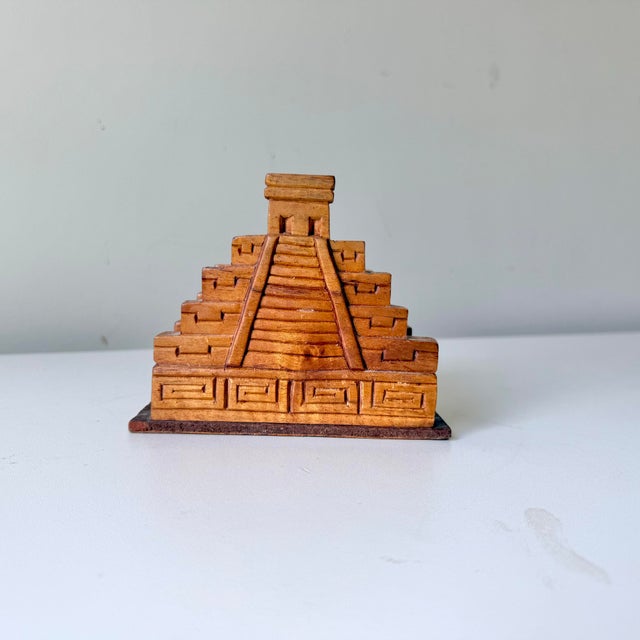 Vintage 1970s bohemian wood aztec and greek key motif napkin holder.