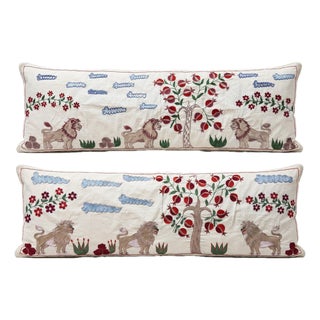 White Lion Suzani Lumbar Pillow Cover 18'' X 54'' - Set of Two For Sale