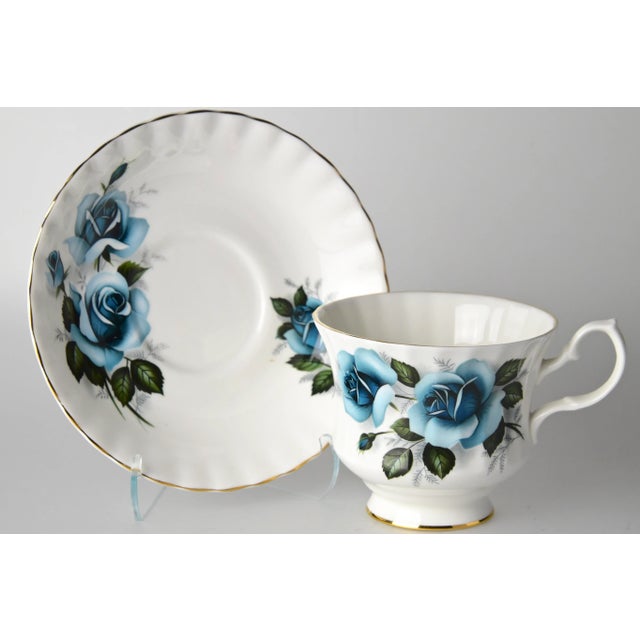 1950s Mid 20th Century Blue Rose Cups & Saucers, Set of 6 For Sale - Image 5 of 9