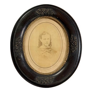 Antique Oval Deep Dark Wood Picture Frame Gold Floral Detail With Photo of a Girl 12x14” For Sale