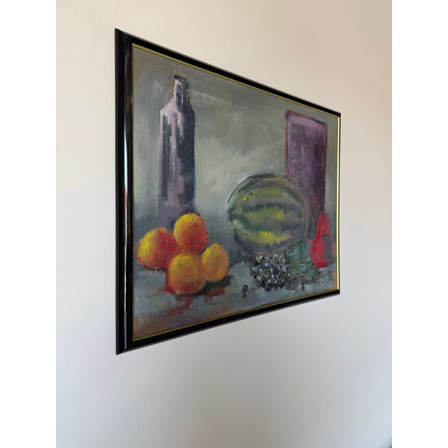 Striking 1970s vintage still life oil on canvas by Gasper Gunhz, depicting a colorful arrangement of fruit including...