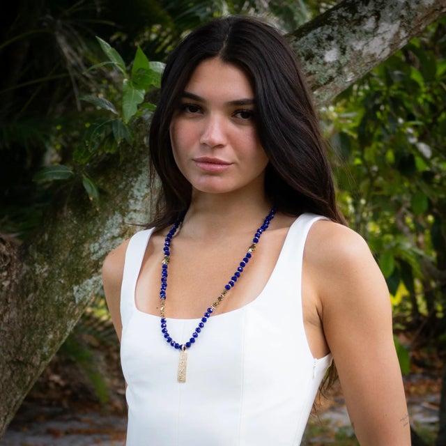 Forever Loved Gold Pendant Blue Beaded Necklace For Sale - Image 10 of 12