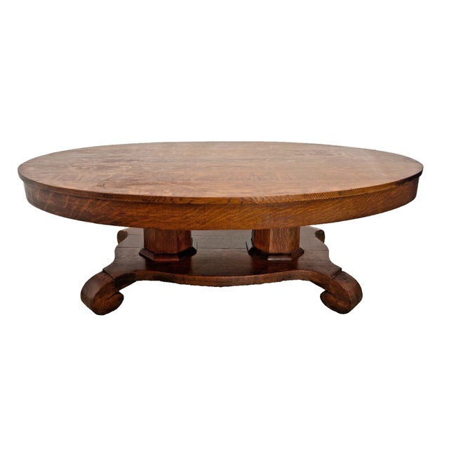 Antique Oval Coffee Table Tiger Oak Center Drawer Shelf Columns Empire Style For Sale In Palm Springs - Image 6 of 11