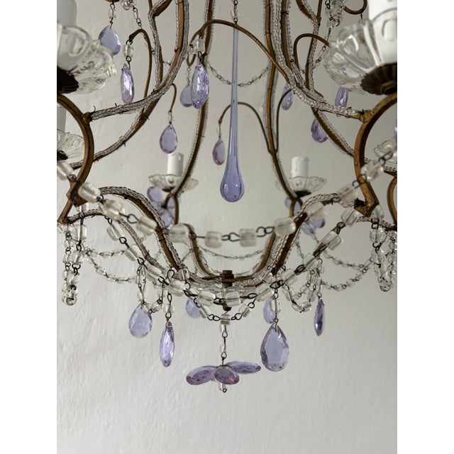 French Rare Lavender Purple Crystal Prisms Murano Beaded Chandelier Lilac 1930 For Sale - Image 6 of 9