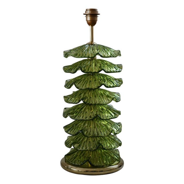 Mid-Century Murano Round Green Art Glass and Brass Table Lamp For Sale