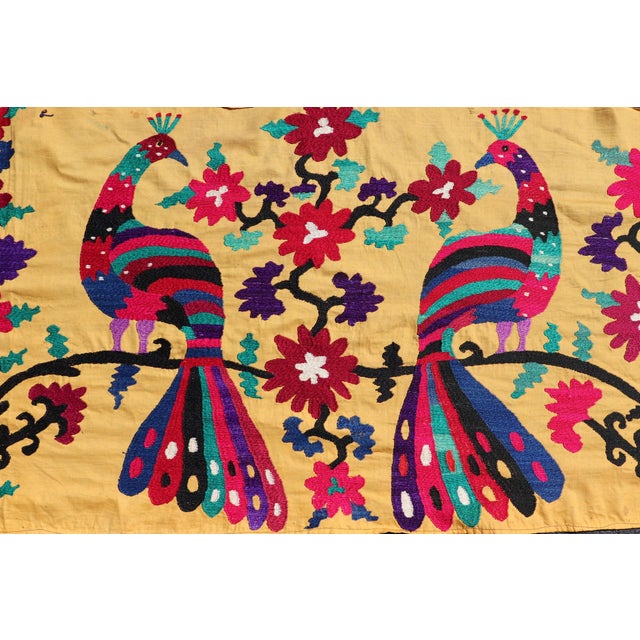 Antique Uzbekistan Suzani Runner With Colorful Peacock and Botanical Design For Sale - Image 9 of 14