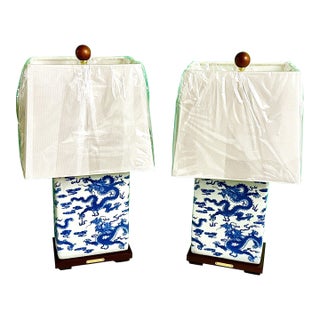 Ralph Lauren Blue and White Dragon Lamps - A Pair For Sale