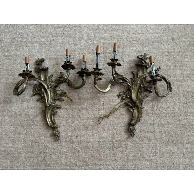 Vintage French Rococo Revival Brass Candle, Opera Wall Sconces – Pair For Sale - Image 9 of 9