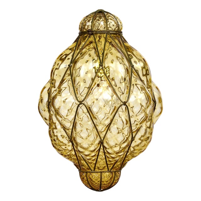Antique Venetian Citrine Glass and Wrought Iron Lantern, Circa 1920 For Sale