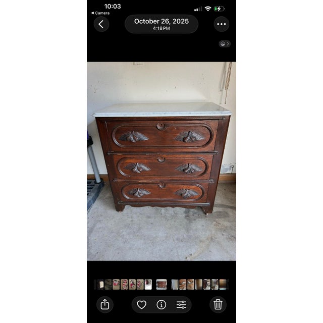 Vintage Walnut 3 Drawer Dresser With Marble Top. For Sale - Image 6 of 12