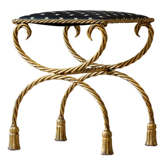 1970s Hollywood Regency Gilded Rope Stool - X-Base Vanity/Accent Seat For Sale