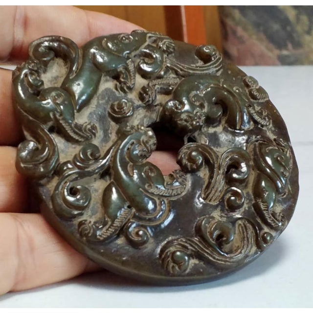 Chinese Antique Chinese Jade "Bi" Disk - Ritual Scroll For Sale - Image 3 of 12