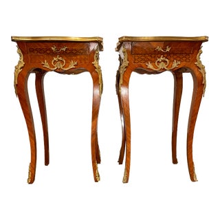 Late 19th Century Pair of French Louis XV Style Marquetry Inlaid and Bronze Mounted Side Tables For Sale