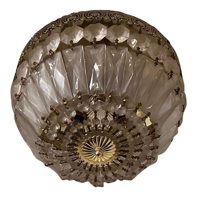 Vintage Hollywood Regency Crystal & Brass Flush Mount Ceiling Light For Sale
