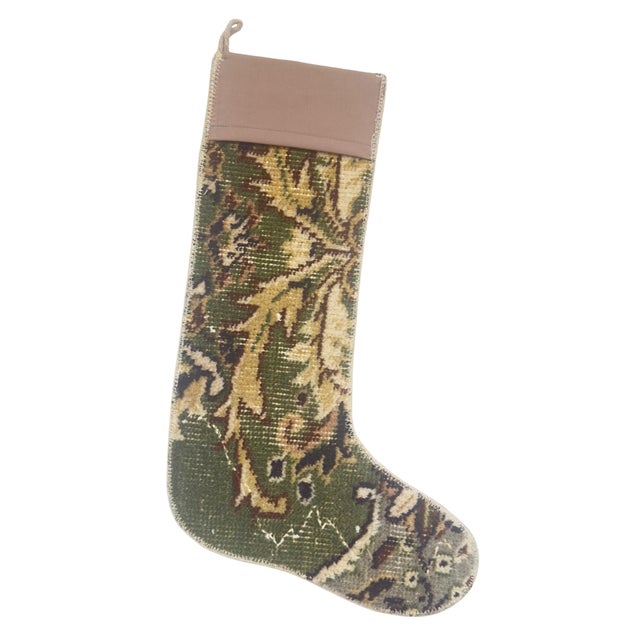 Mauve Vintage Kilim Christmas Stocking With Mauve Fabric Cuff, Olive Leaf Wool, 12.6 X 18.5 in – One of a Kind Decor For Sale - Image 8 of 9