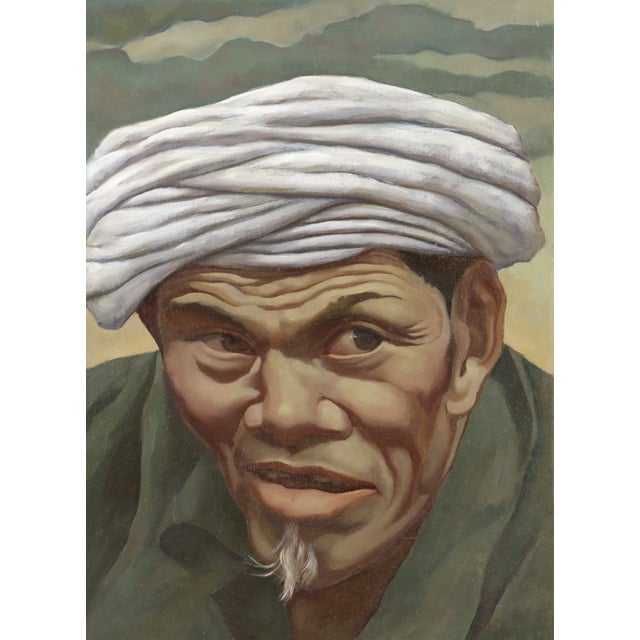 Portraiture Vintage Realist Oil Painting Portrait of Man in Turban With Furrowed Brow For Sale - Image 3 of 8