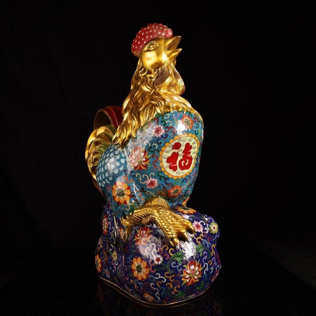 Traditional Late 20th Century Gilt Bronze Cloisonné Enamel Rooster Figure With Coin Motif For Sale - Image 3 of 10