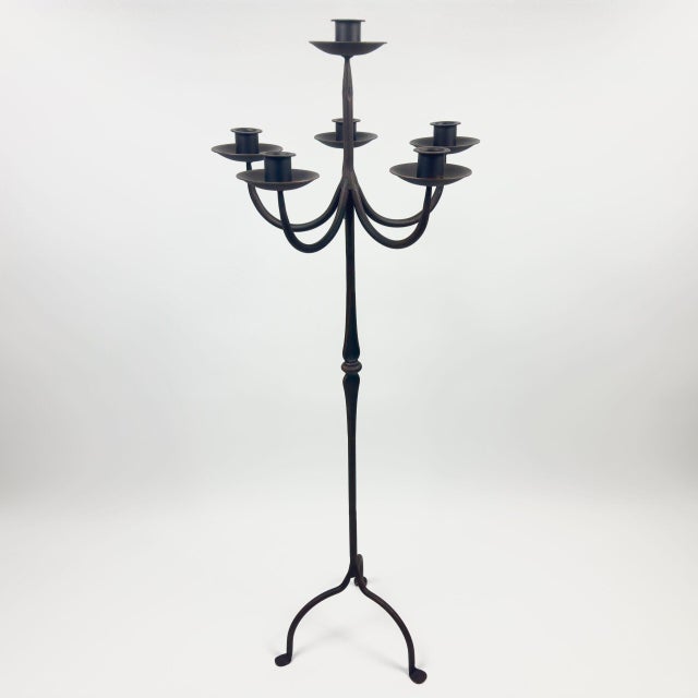 Metal Hand Forged Iron Floor Candelabra 44.5″ (113cm) Antique Copper Patina 6-Arm Grand Cluster Candle Holder Decor For Sale - Image 7 of 7