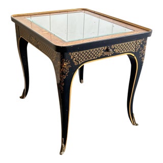1960s Drexel Et Cetera Black Chinoiserie Glass-Top Side Table For Sale