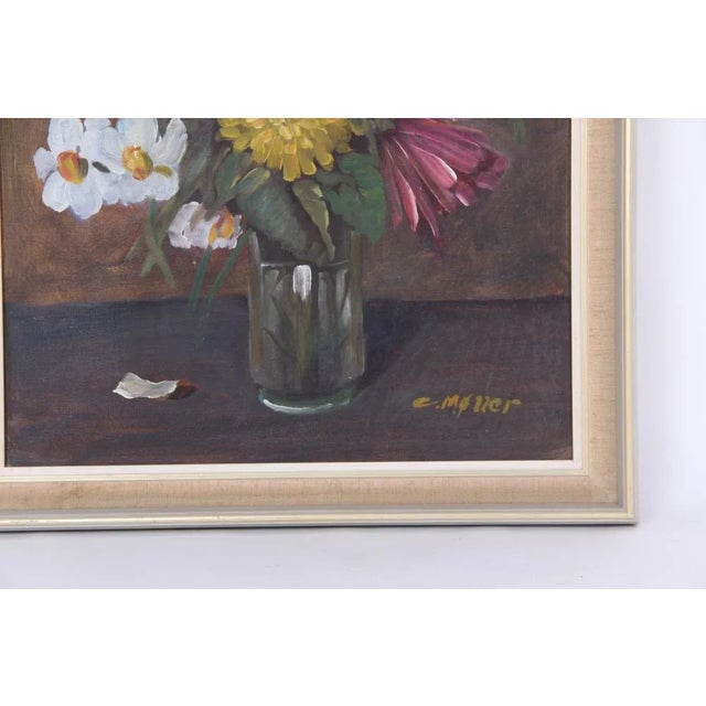 Colorful floral motif in a vase. A favorite motif of the Danish painter C. Møller. Painted on canvas and framed in a...