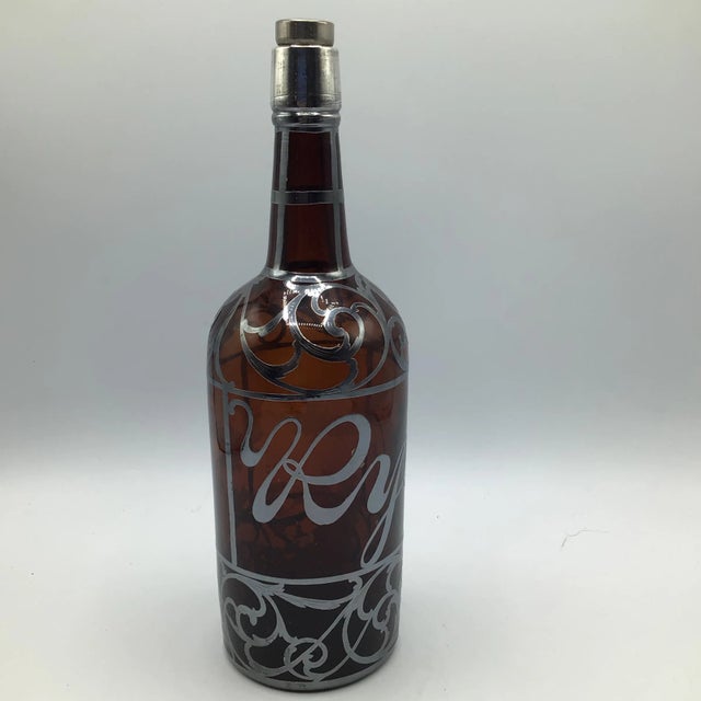 Silver Overlay Rye Decanter Antique Art Nouveau Amber Glass by La Pierre For Sale In Sacramento - Image 6 of 13