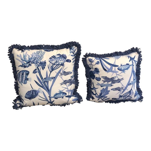 Contemporary Nautical Fish Print Hand Crafted Pillows - Set of 2 For Sale